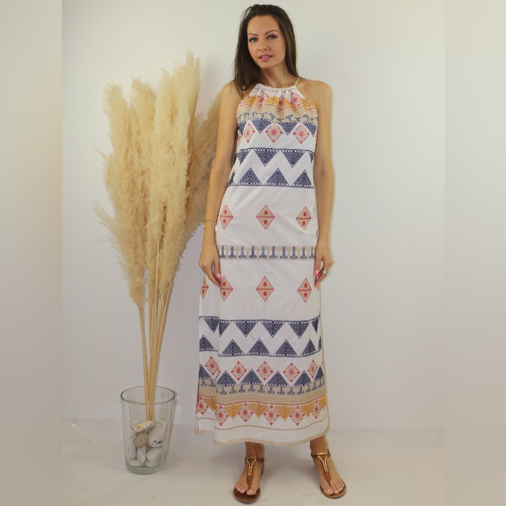 BeniSSimo White Dress with Geometric Patterns - Small